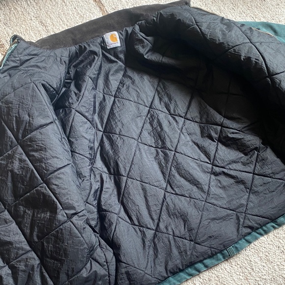 🍒V I N T A G E Carhartt Teal Duck Work Jacket with Dark Corduroy Collar R A R E - Picture 6 of 10